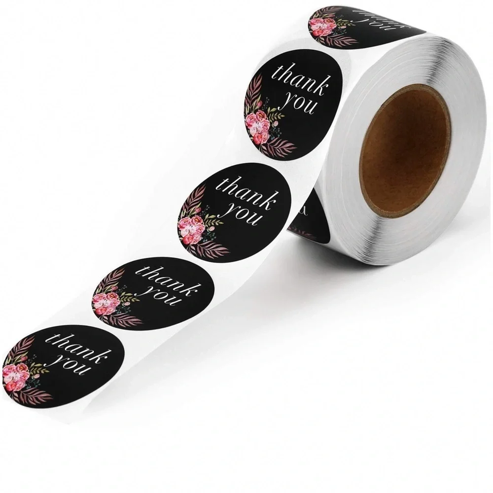 Any 2/$20! One Roll of 500 Black Floral 1.5” Thank You Stickers - Picture 2 of 7
